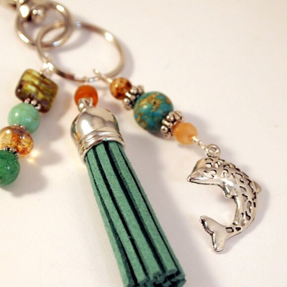 Dolphin Beaded Tassel Purse Charm Bohemian Keychain Key Fob Gift for Her - Picture 1 of 6